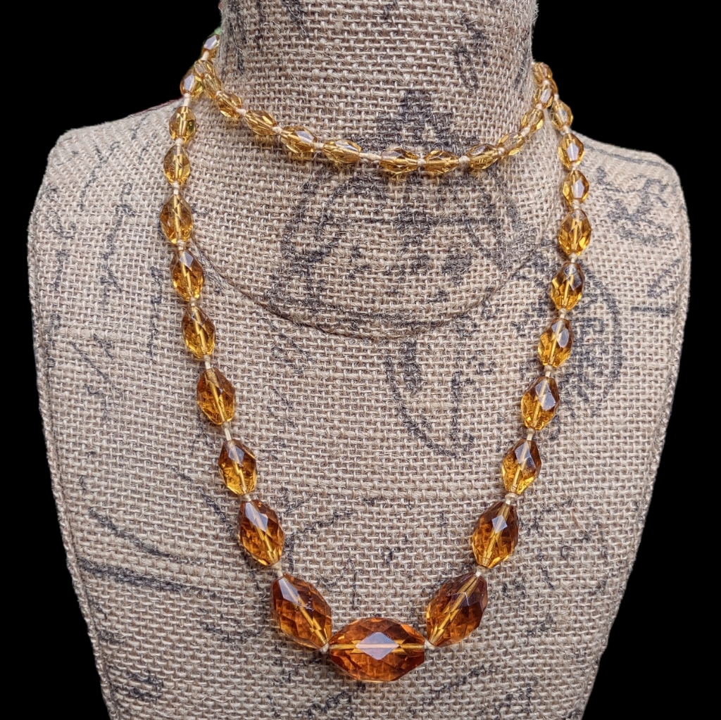 Vintage Hand Knotted Graduated Citrine Czech Glass Necklace 36 Inches Bohemian